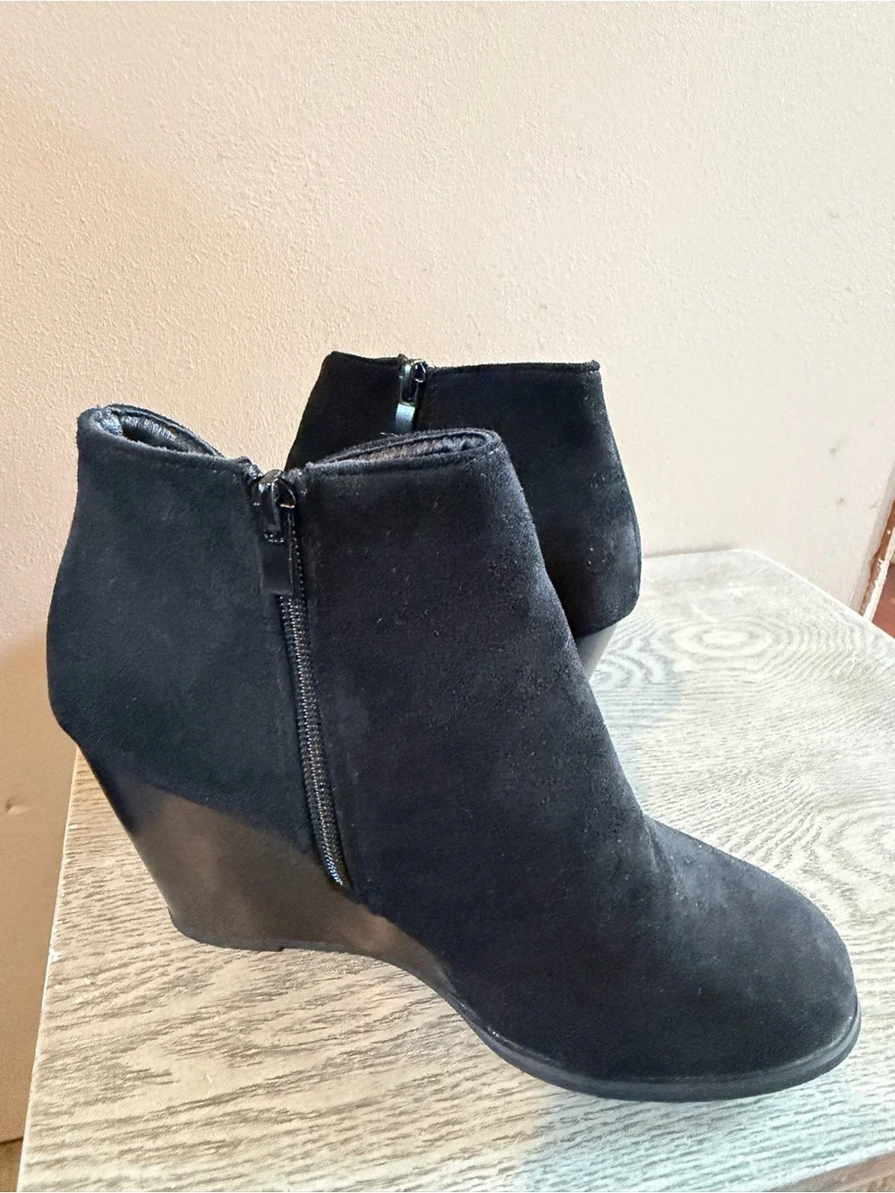 Black Suede Wedge Ankle Bootie - Women's